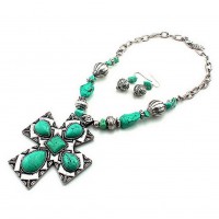 Necklace & Earrings Set – 12 Cross Charm Necklace & Earrings Set - Casting Cross Charm w/ Turquoise Stones - NE-SNE7205SBTQ