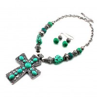 Necklace & Earrings Set – 12 Cross Charm Necklace & Earrings Set - Casting Cross Charm w/ Turquoise Stones   - NE-SNE7229SBTQ