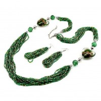 Necklace & Earrings Set – 12  - 36" Murano Heart w/ Beaded Strands Necklace & Earrings Set - Green - NE-UNE11700GRN