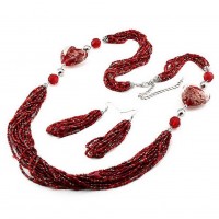 Necklace & Earrings Set – 12 - 36" Murano Heart w/ Beaded Strands Necklace & Earrings Set - Red Colors - NE-UNE11700RED