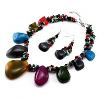 Necklace & Earrings Set – 12 Beaded Resin & Chipstones Necklace & Earrings Set - Multi Colors - NE-UNE12203MUL