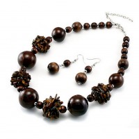 Necklace & Earrings Set – 12 Ceramic, Wood & Chipstones Necklace & Earrings Set - Brown - NE-UNE12209BRW