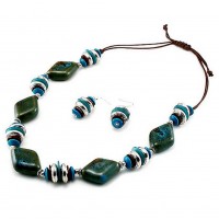 Necklace & Earrings Set – 12 Faux Stone Beads Necklace & Earrings Set - Teal / Brown Colors - NE-UNE12276TBR