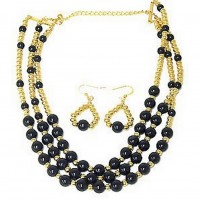 Necklace & Earrings Set – 12 Multi Chain Onyx W/Golden Beads Necklace + Earrings Set - NE-WNE1009