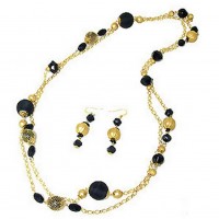 Necklace & Earrings Set – 12 Gold TOne Chain W/Faux Onyx Beads Necklace + Earrings Set - NE-WNE1010