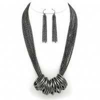 Necklace & Earrings Set – 12 Multi Chain Strand w/ Multi Rings Necklace & Earrings Set - Hematite - NE-WNE25506HEMA
