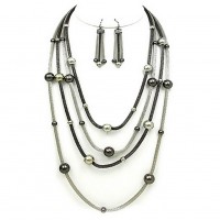 Necklace & Earrings Set – 12 Multi Mesh Strand w/ Beads Necklace & Earrings Set - Rhodium / Hematite - NE-WNE25510HMRH