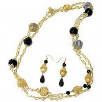 Necklace & Earrings Set – 12 Gold Tone Chain W/ Faux Onyx Beads&Carving Beads Necklace + Earrings Set - NE-WNE286