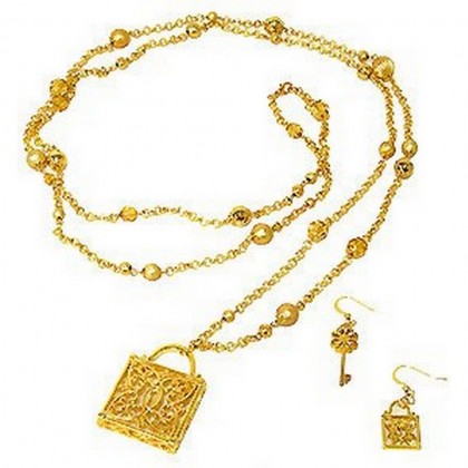 Necklace & Earrings Set – 12 Cold Tone Chain W/Square Lock Charm NE+ER Set - NE-WNE338