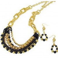 Necklace & Earrings Set – 12 Multi Gold Tone Chain W/Faux Onyx Beads NE+ER Set - NE-WNE345