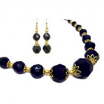 Necklace & Earrings Set – 12 Gold Tone Chain W/Faux Onyx Beaded NE+ER Set - NE-WNE364