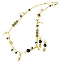 Necklace & Earrings Set – 12 Gold Chain W/Meshed Onyx Beaded NE+ER Set - NE-WNE401