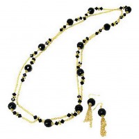 Necklace & Earrings Set – 12 Gold Chain Black Onyx Beaded NE+ER Set - NE-WNE439