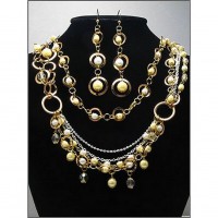 Necklace & Earrings Set – 12 Multi Chain Pearl w/ Gold Loop NE+ER Set - NE-WNE486