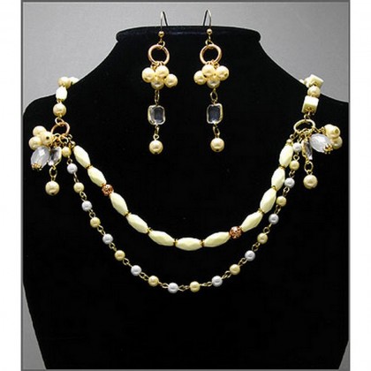 Necklace & Earrings Set – 12 Pearl w/ Ivory Beaded NE+ER Set - NE-WNE494