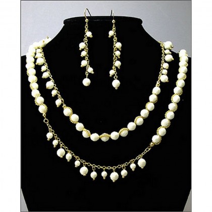 Necklace & Earrings Set – 12 Faux Ivory Beaded NE+ER Set - NE-WNE532