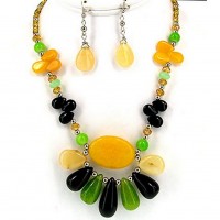 Necklace & Earrings Set – 12 Semi-Precious Stone Multi-Strand Necklace & Earrings Set - Yellow Agate, Onyx Jade - NE-WS0722RDYEL