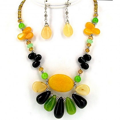 Necklace & Earrings Set – 12 Semi-Precious Stone Multi-Strand Necklace & Earrings Set - Yellow Agate, Onyx Jade - NE-WS0722RDYEL