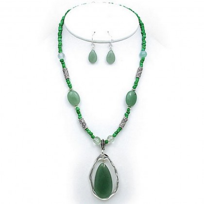 Necklace & Earrings Set – 12 Semi-Precious Stone Necklace & Earrings Set - Green - NE-WS0738ASAVE