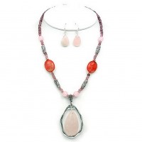 Necklace & Earrings Set – 12 Semi-Precious Stone Necklace & Earrings Set - Rose Quartz  - NE-WS0738ASROQ
