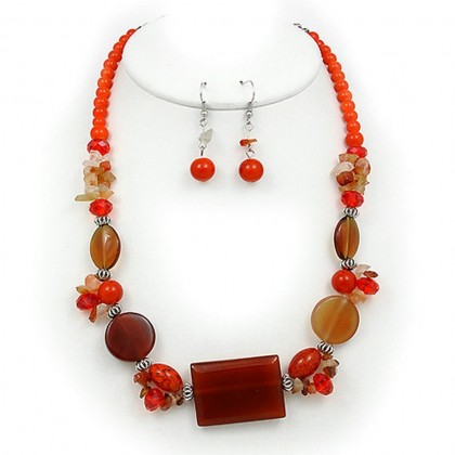 Necklace & Earrings Set – 12 Semi Precious Stone Necklace & Earrings Set - Carnelian - NE-WS0834RDCAN