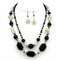 Necklace & Earrings Set – 12 Semi Precious Stone Double Strand Necklace & Earrings Set - Onyx - NE-WS0835RDBLK