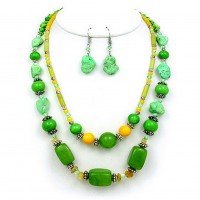 Necklace & Earrings Set – 12 Semi Precious Stone Double Strand Necklace & Earrings Set - Green - NE-WS0835RDGRN