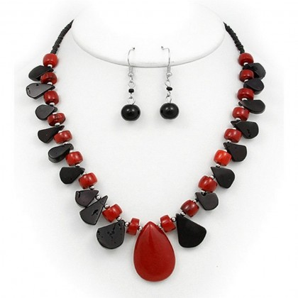 Necklace & Earrings Set – 12 Semi Precious Stone Necklace & Earrings Set - Onyx - NE-WS0846RDONX