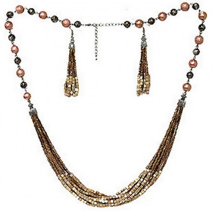 Necklace & Earrings Set – 12 Brown Beaded Multi Strands Necklace & Earring Set - NE-YCS10801A