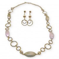 Necklace & Earrings Set – 12 – 33" Long Pearl-Like Beads Circle Link Necklace & Earring Set - Gold - NE-YCS2001G