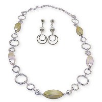 Necklace & Earrings Set – 12 – 33" Long Pearl-Like Beads Circle Link Necklace & Earring Set - Silver tone - NE-YCS2001S