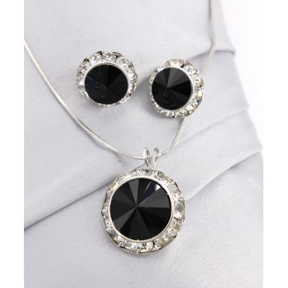 Necklace & Earrings Set – 12 Roundelle Crystal Necklace & Post Earrings Set - Black -NE-40007S-JT