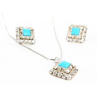 Necklace & Earrings Set – 12 Crystal Square Charm w/ TQ Stone Necklace & Earring Set - NE-41202STQ