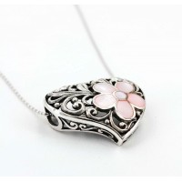 Necklace – 12 PCS Casting Silver Filigree Heart Charm Necklace w/ Rose Quartz Flower Accent - NE-P5297PK