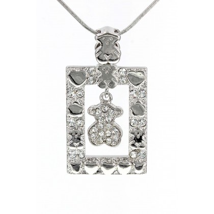 Necklace – 12 PCS T-Bear w/ Hearts Charm Crystals Necklacle  - Rectangle Shape- Rhodium Plating - Clear - NE-N4496CL