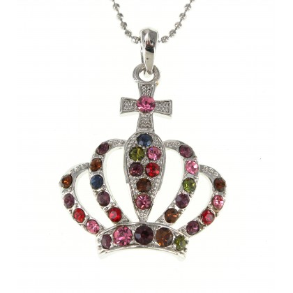 Necklace – 12 PCS Rhinestone Crown - Rhodium Plating - Multi Colors - NE-N3044MT