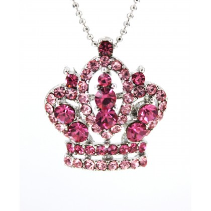 Necklace – 12 PCS Rhinestone Crown - Rhodium Plating - Made in Korea - Pink - NE-N5528PK