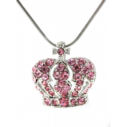 Necklace – 12 PCS Rhinestone Crown - Rhodium Plating - Made in Korea - Pink - NE-NL6654PK