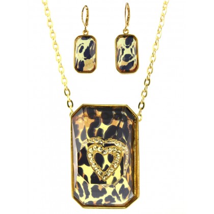 Necklace – 12 PCS Necklace - Gold tone Chain Faceted Glass w/Leopard Print + Embedded Rhinestone Heart Charm NE + ER - NE-ACQN4735