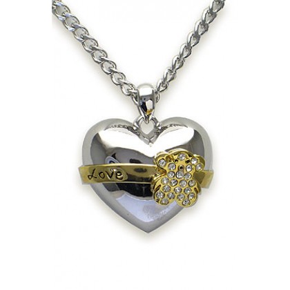Necklace – 12 PCS T-Bear Swarovski Crystal Heart Charm w/Golden Ribbon - NE-N5012SV