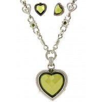 Necklace & Earrings Set – 12 Rhodium Chain w/Faceted Glass Heart Charm NE & Earring Set - Olive Green - NE-S6315LRDOV