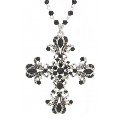 Necklace – 12 PCS Cross NE - Casting Silver w/ Black Stones - NE-ACQN1876B