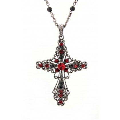 Necklace & Earrings Set – 12 Cross NE-Hematite Coating w/Red Crystals - NE+ER set - NE-ACQN4699H