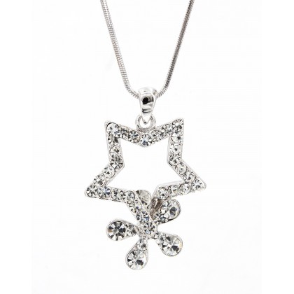 Necklace – 12 PCS Rhinestone Star w/ Flower - Rhodium Plating - Made in Korea - NE-N4357CL