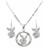 Necklace & Earrings Set – 12 Rhinestone Bunny w/ Circle Necklace + Earring Set - NE-NB08CL