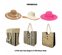 Discount Package: 6 Pieces Jute Totes and Hats Assorted Pack  - PROMO310