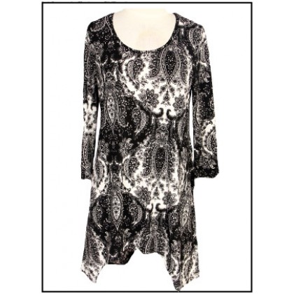 12 PCS Tunics Tops with 3/4 Sleeves, Paisley Print – Black & White - ATP-TT8701