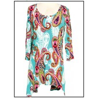 12 PCS Tunics Tops with 3/4 Sleeves, Paisley Print – Turquoise & Pink color - ATP-TT8705