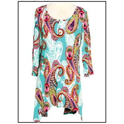 12 PCS Tunics Tops with 3/4 Sleeves, Paisley Print – Turquoise & Pink color - ATP-TT8705