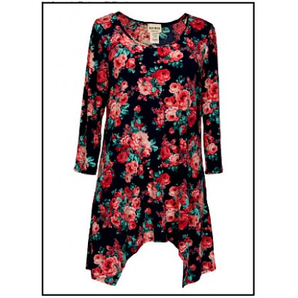 12 PCS Tunics Tops with 3/4 Sleeves, Roses – Navy Blue - ATP-TT8711